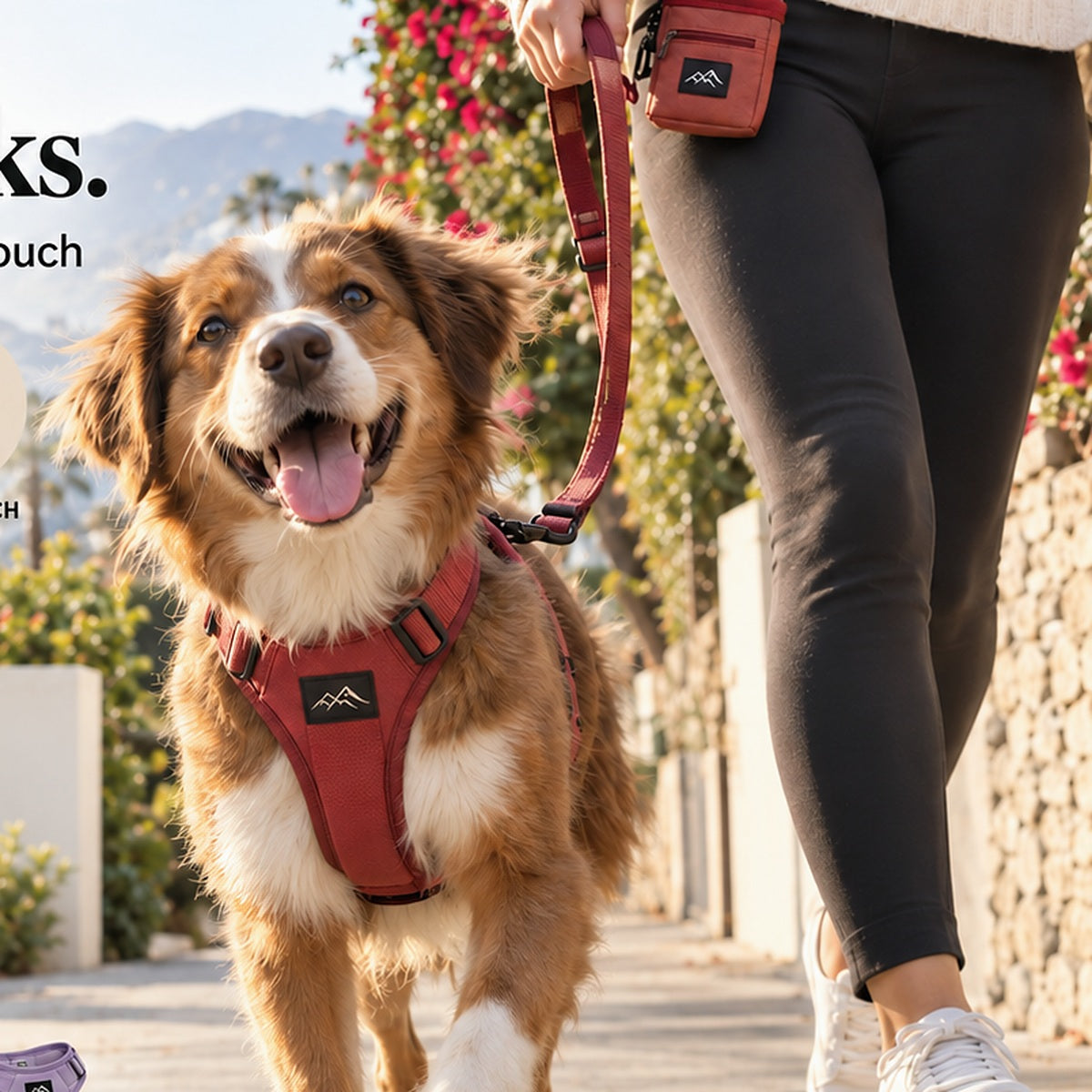 Dog walking in a ChewMaya harness and leash
