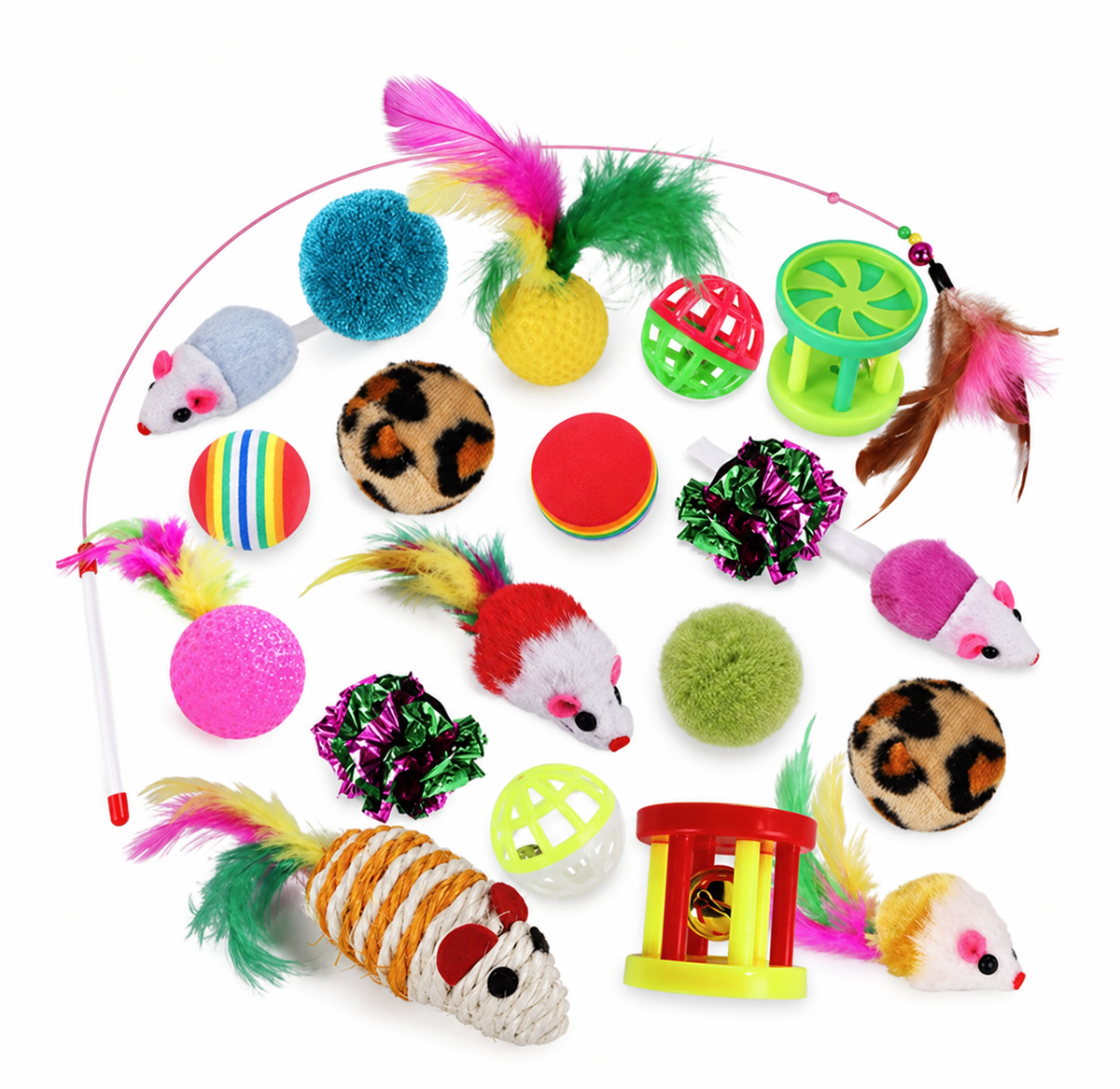 Assorted 20-piece cat toy set with feather wand, toy mice and colorful balls