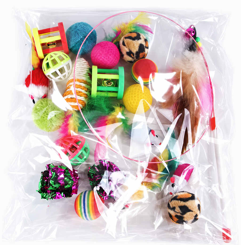 Assorted cat toy set inside its clear packaging