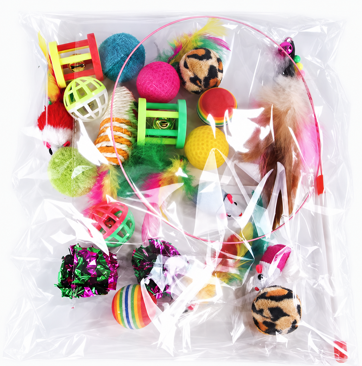 Assorted cat toy set inside its clear packaging