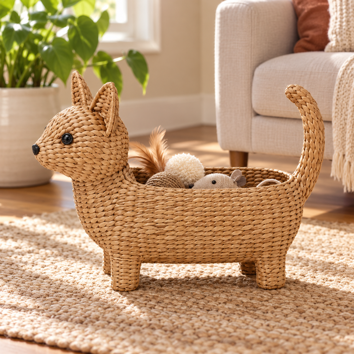 Cat-shaped water hyacinth basket holding cat toys in a living room