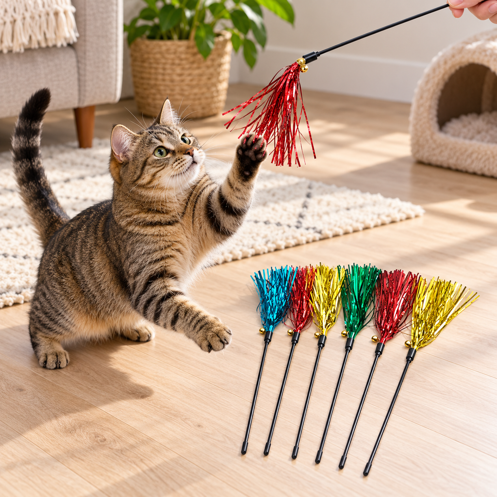 Tabby cat playing with colorful teaser wands