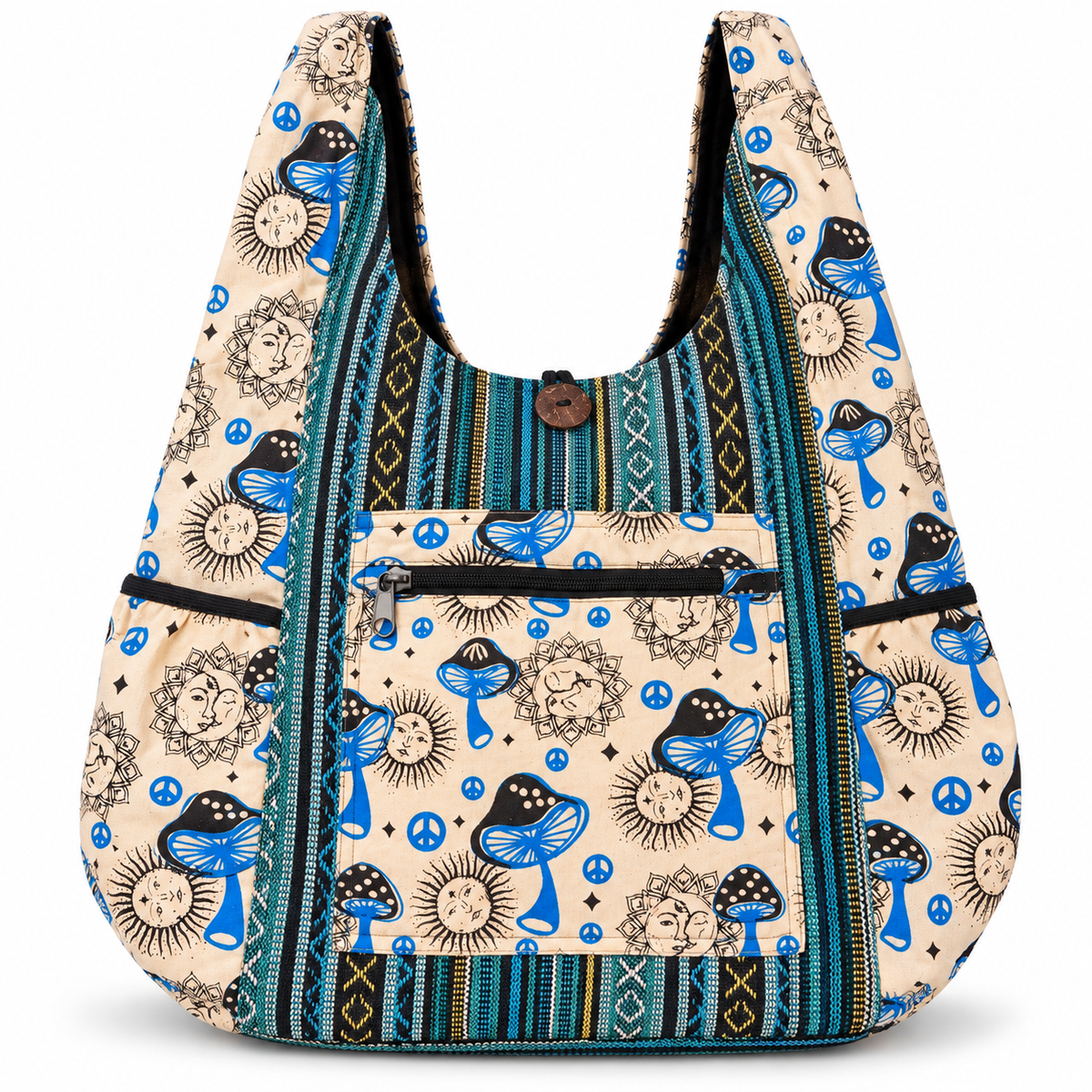 Celestial Mushroom Woven Hobo Bag on white background