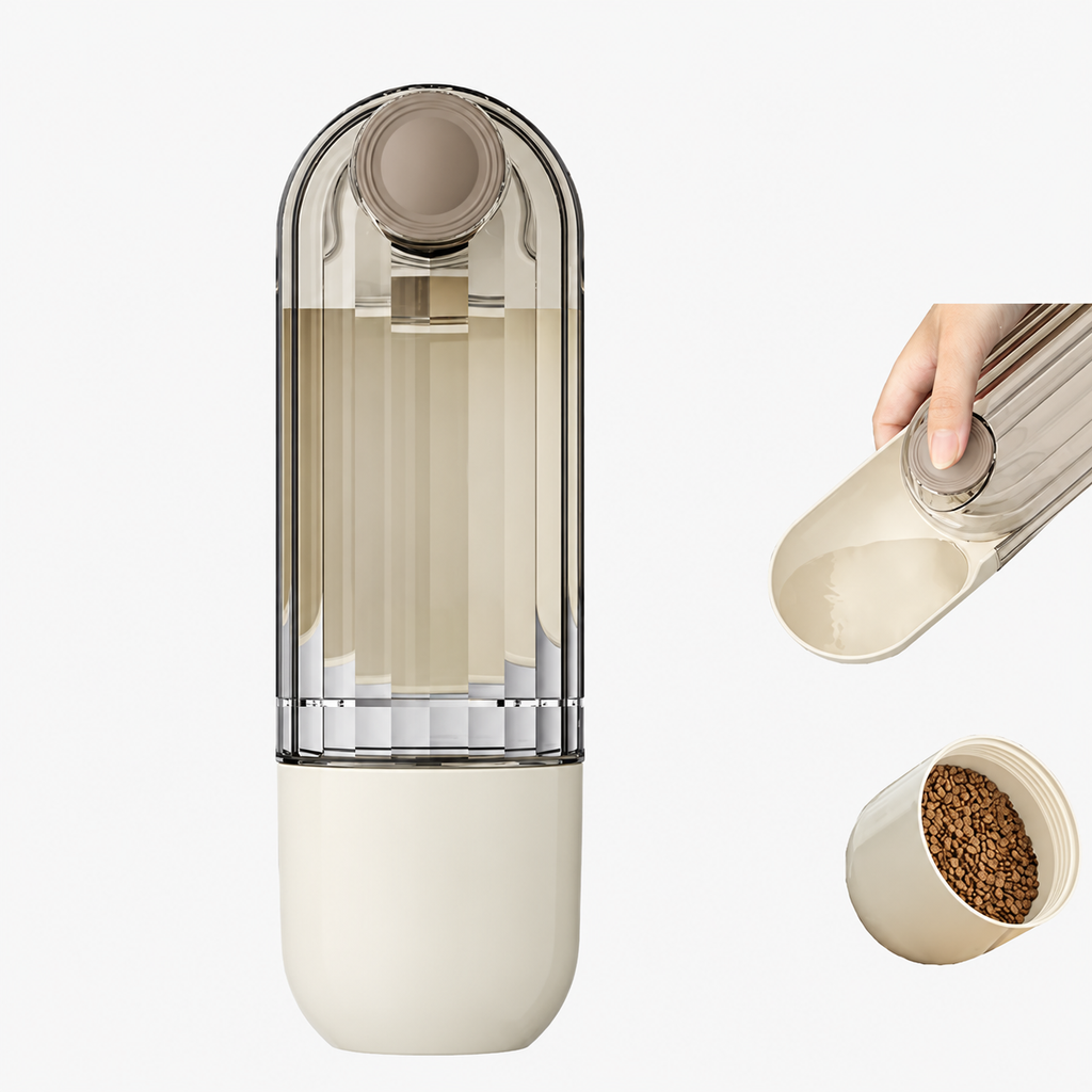 Two-in-one pet travel bottle with water chamber, drinking trough, and treat cup