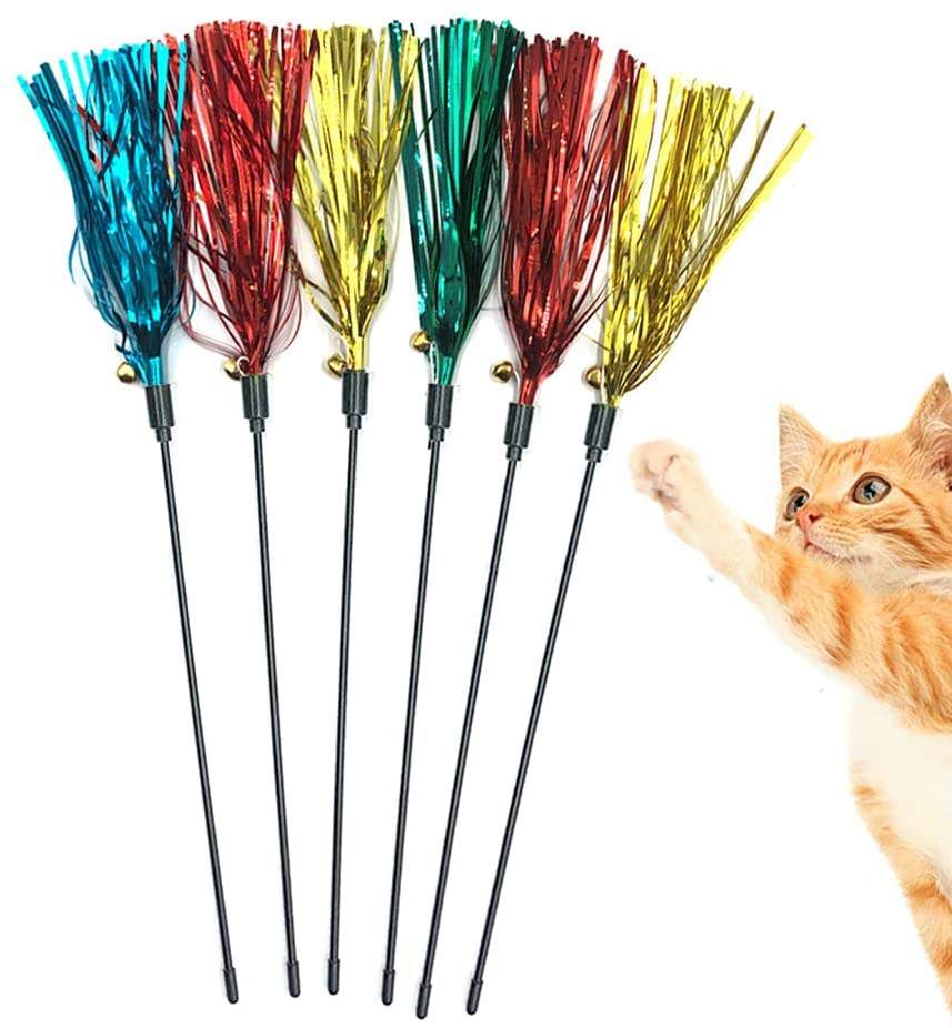 Six cat teaser wands with colorful metallic streamers