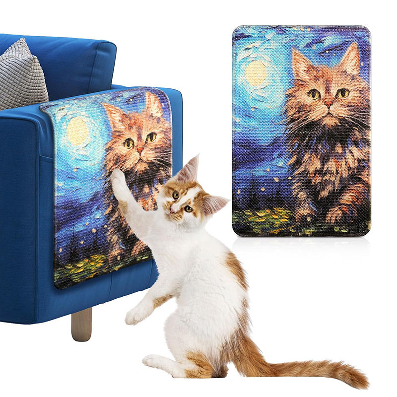 Rectangular cat scratch mat with a printed cat design beside a sofa