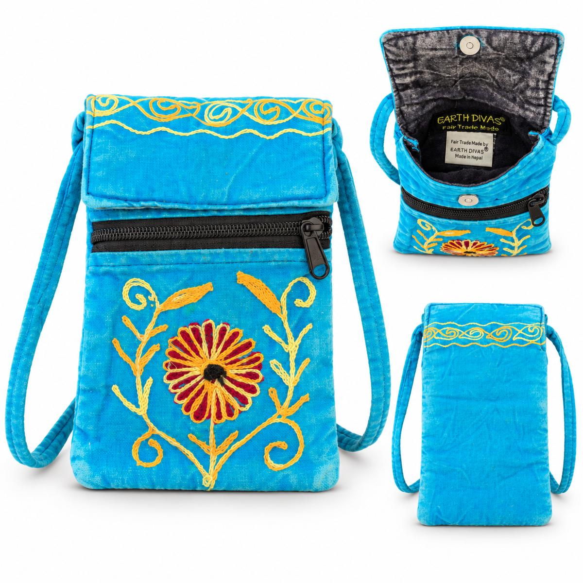 Earth Divas Turquoise Flower Mini Crossbody Bag on a clean white studio background
