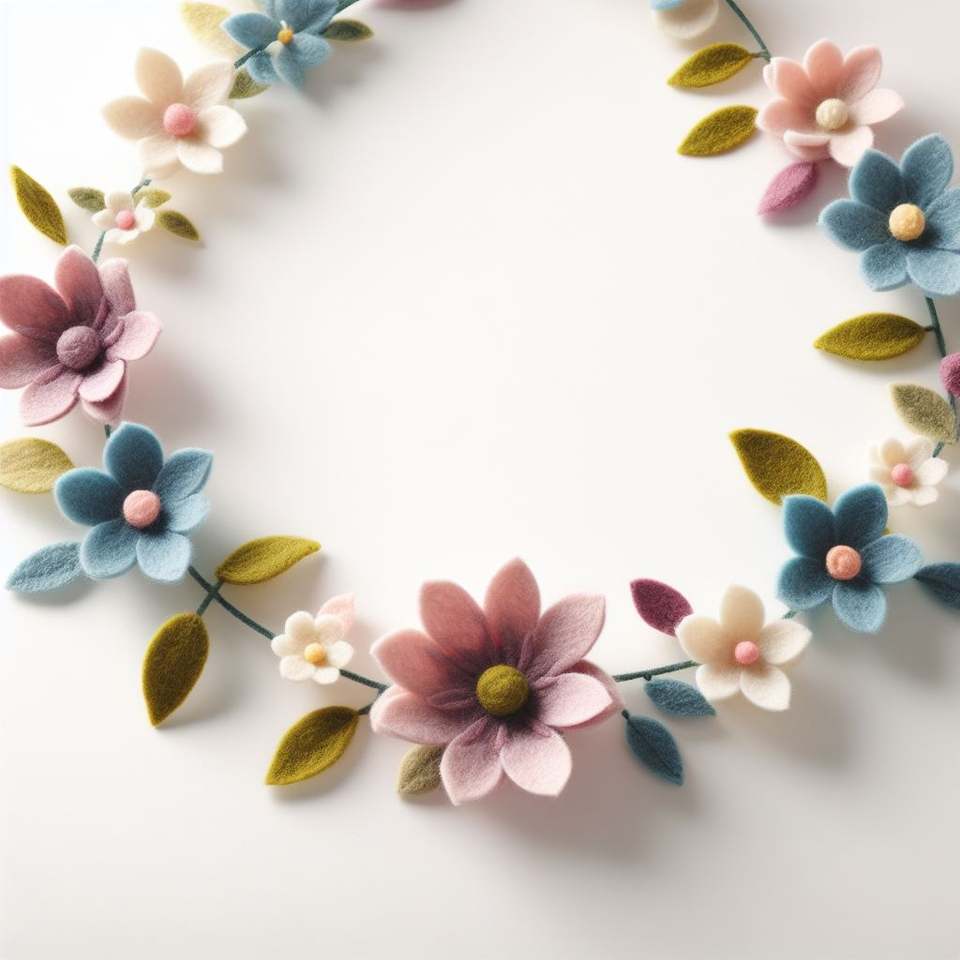 Garland of pastel felt flowers and green leaves