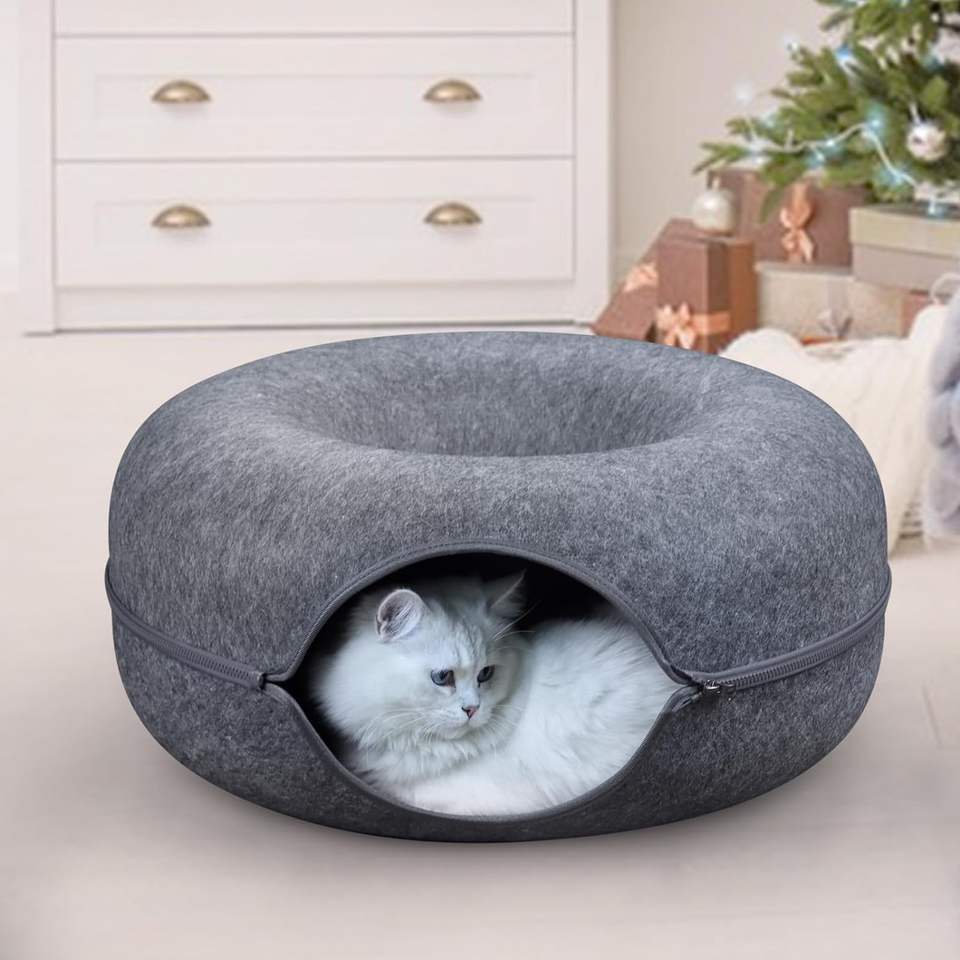 Gray donut-shaped cat tunnel with a cat at the entrance