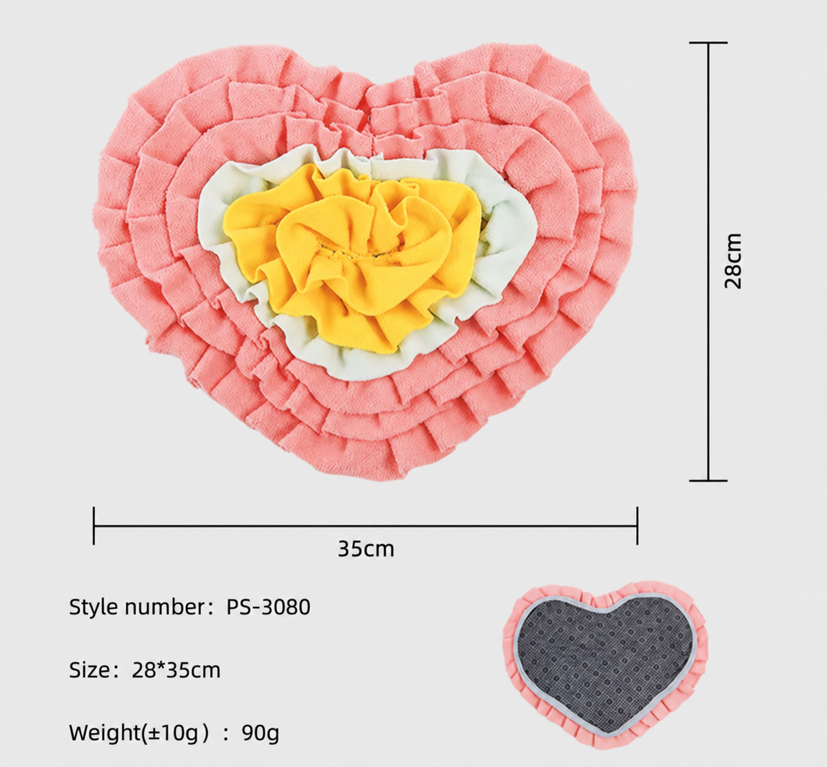 Heart-shaped dog snuffle mat size guide showing 28 by 35 centimeters