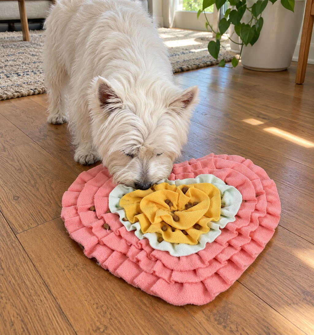 Westie using a pink heart-shaped snuffle mat indoors