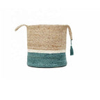 Woven storage basket with natural and teal bands and side handles