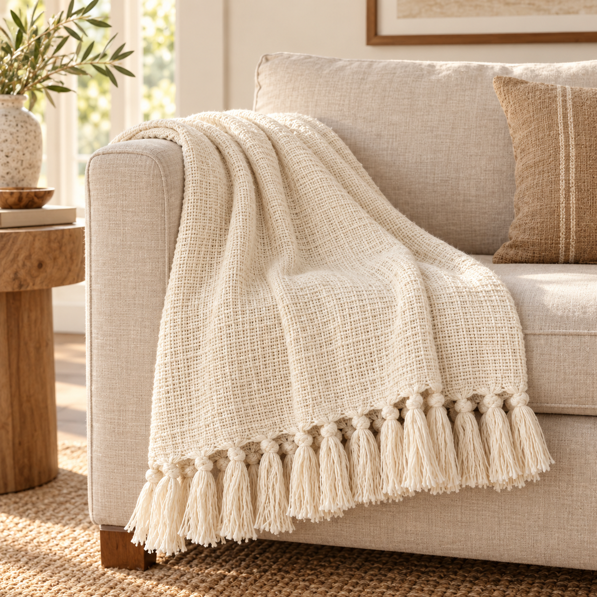 Cream handloom cotton throw draped over a neutral sofa