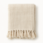 Cream Indian handloom cotton throw with tassel fringe