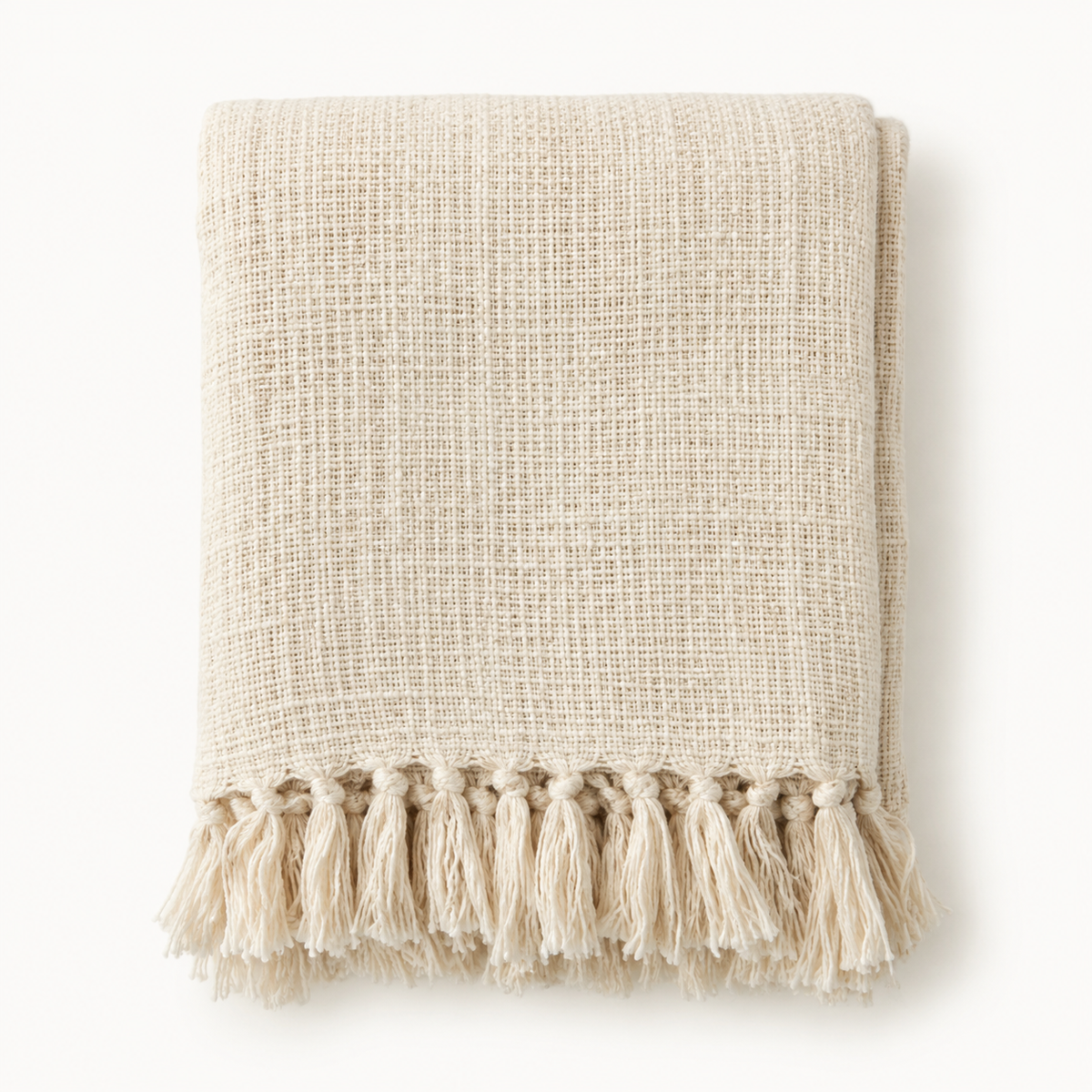 Cream Indian handloom cotton throw with tassel fringe