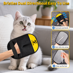 Reusable pet hair removal glove demonstrating dual-direction hair pickup on pet fur and fabric