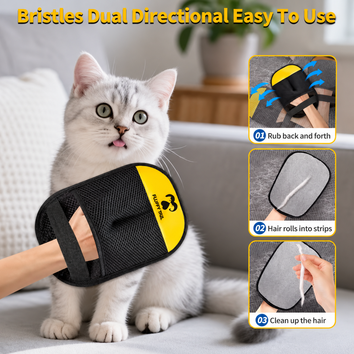 Reusable pet hair removal glove demonstrating dual-direction hair pickup on pet fur and fabric