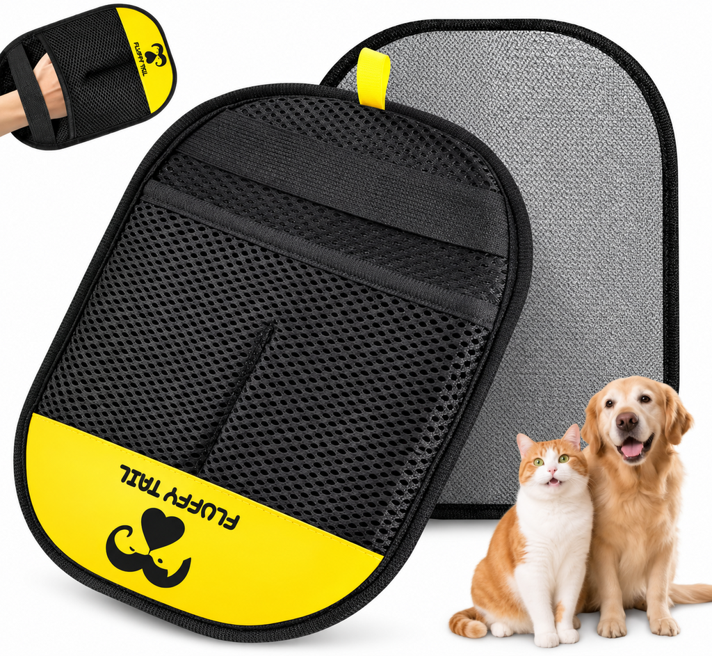 Reusable pet hair removal glove shown from both sides with black mesh backing and gray cleaning surface