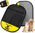 Reusable pet hair removal glove shown from both sides with black mesh backing and gray cleaning surface