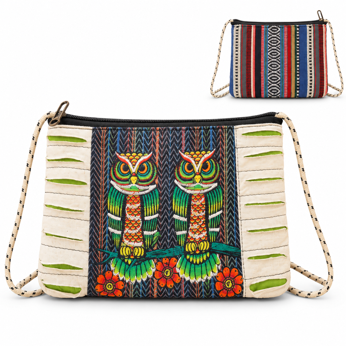 Twin Owl Woven Crossbody Bag on a clean white studio background