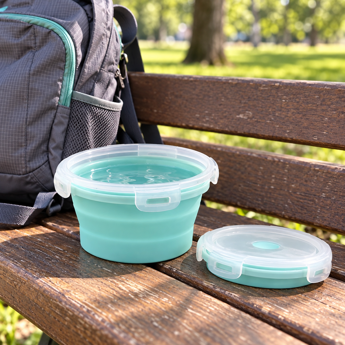 Mint collapsible pet travel bowl with water beside a daypack