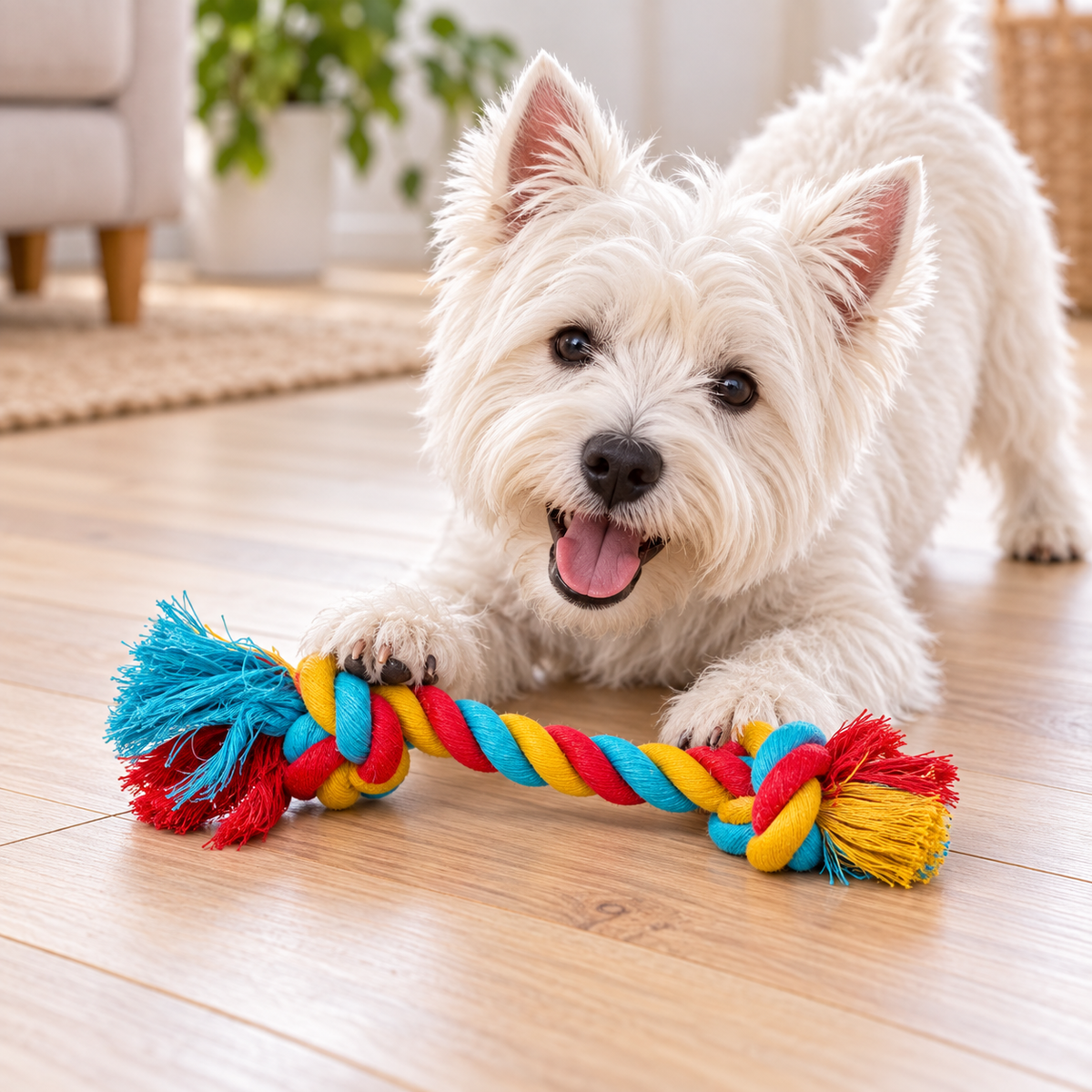 Westie playing with a colorful two-knot cotton rope toy