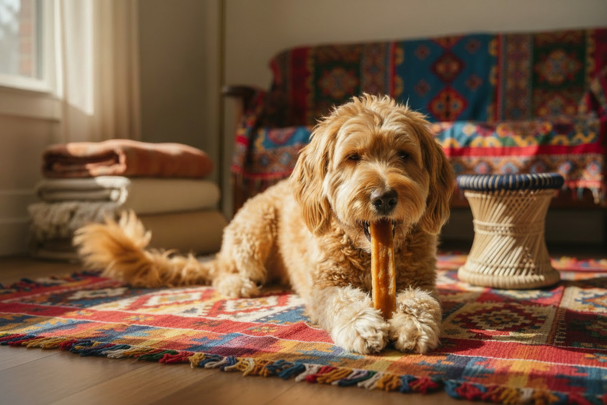 Dog naturally chewing a Himalayan Churpi beside a traditional mudda stool