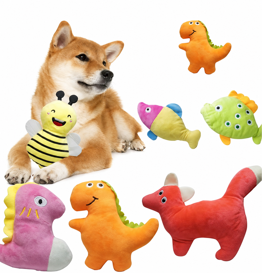 Dog with a bee plush toy alongside selected animal-shaped toys