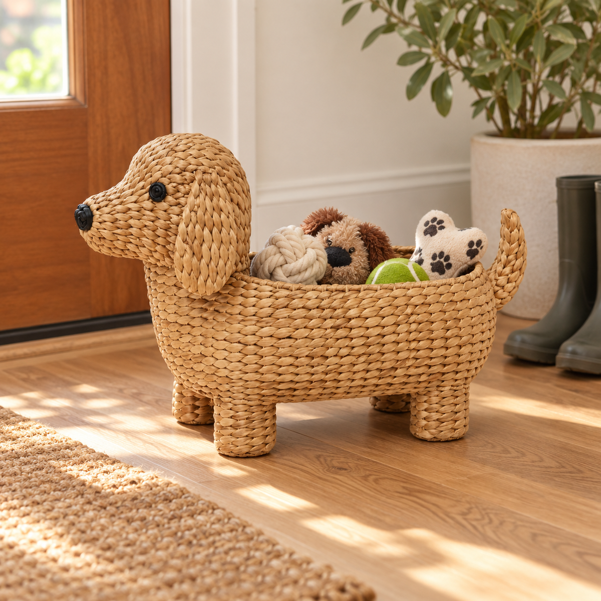 Dog-shaped water hyacinth basket holding dog toys in an entryway