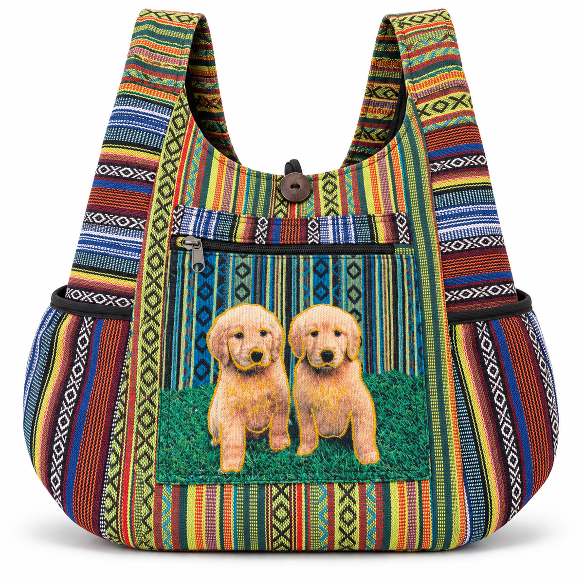 Himalayan Twin Pups Woven Hobo Bag on white background