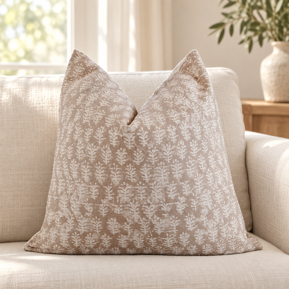 Neutral Indian block-print cushion on an ivory sofa