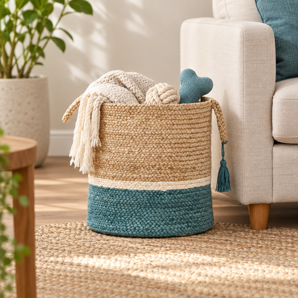 Handwoven jute storage basket holding a throw and pet toys
