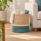 Handwoven jute storage basket holding a throw and pet toys