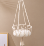 Cream macrame hanging cat basket with bottom tassel