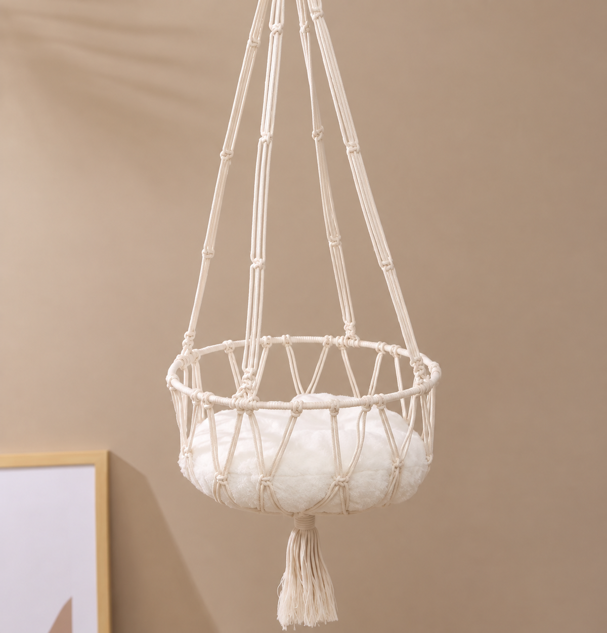 Cream macrame hanging cat basket with bottom tassel