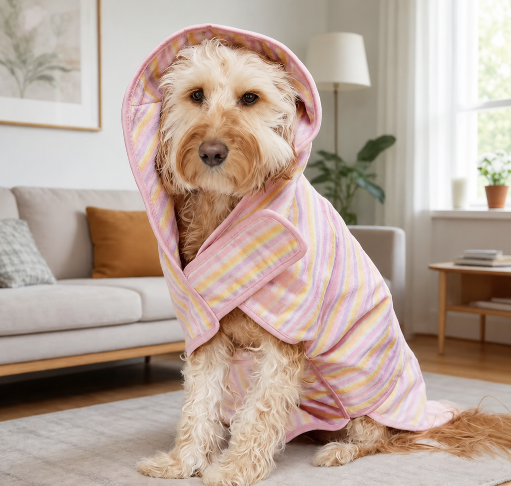 Dog wearing a hooded pastel striped bathrobe indoors