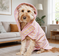 Dog wearing a hooded pastel striped bathrobe indoors