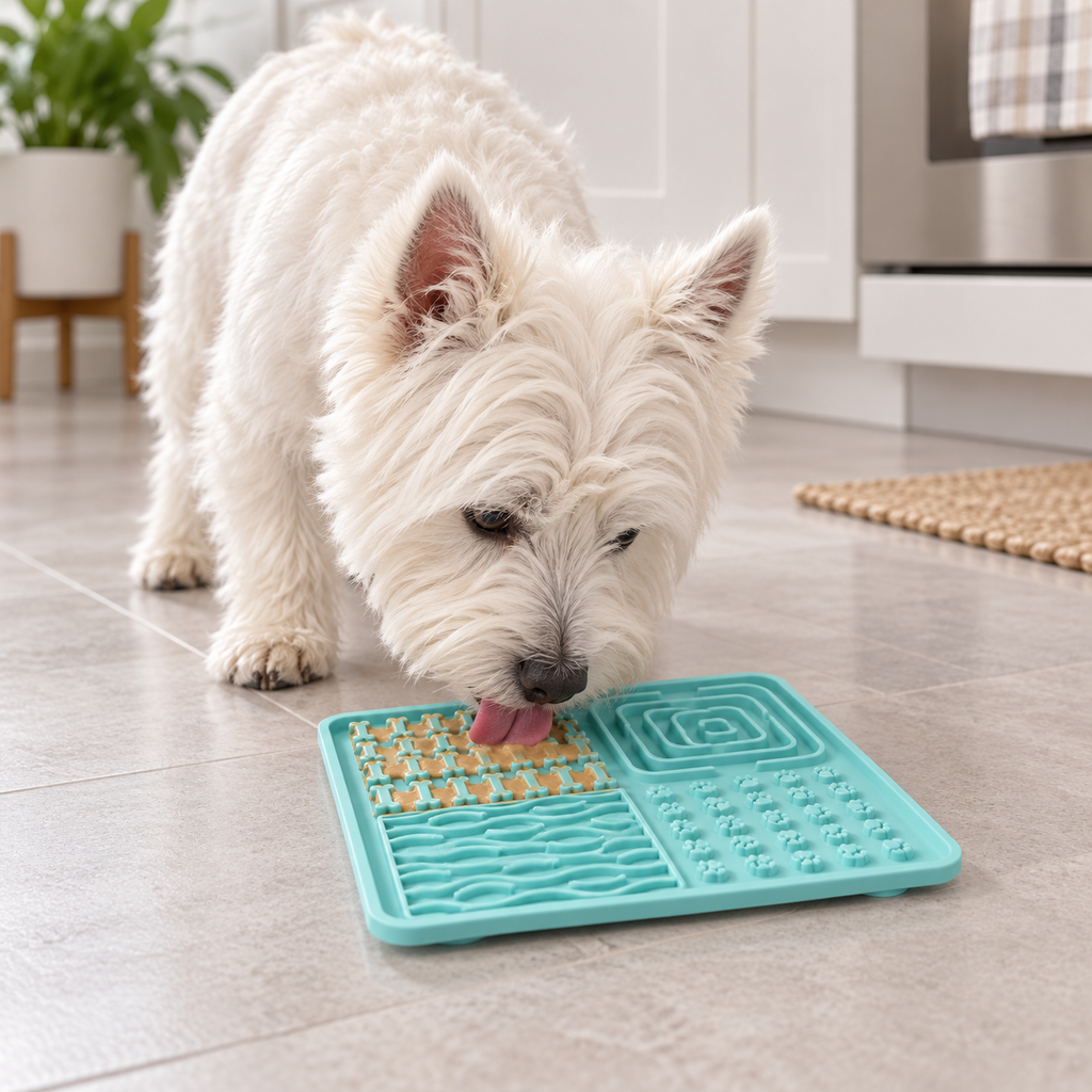 Westie using a blue silicone pet lick mat