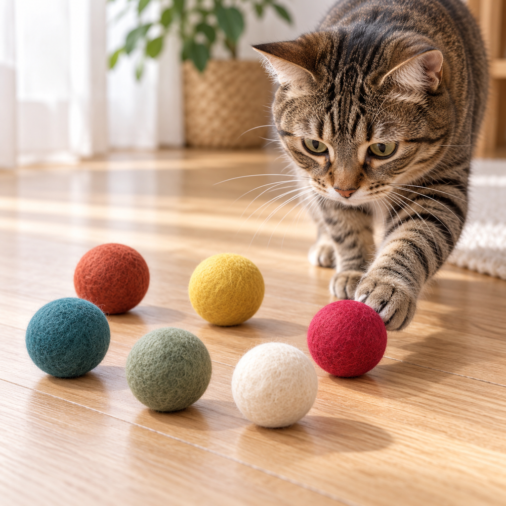 Tabby cat playing with six colorful wool felt balls